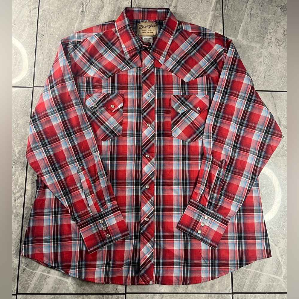 Wrangler Mens Red/White Plaid Long Sleeve Snap ButtonUp Western Cowboy Shirt 2XL